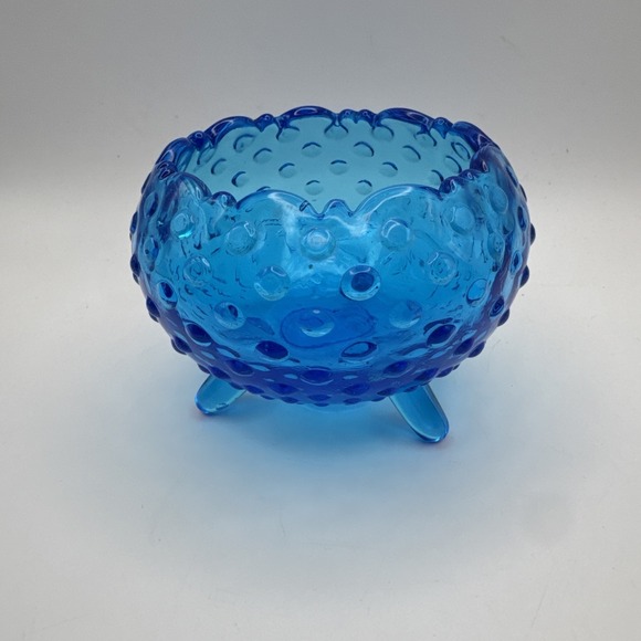LE Smith Glass Blue Hobnail Rose Bowl Dish Vase 3 Footed Vintage Mid Century - Picture 2 of 8